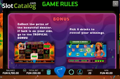Bonus games screen. Carnival Beauties slot