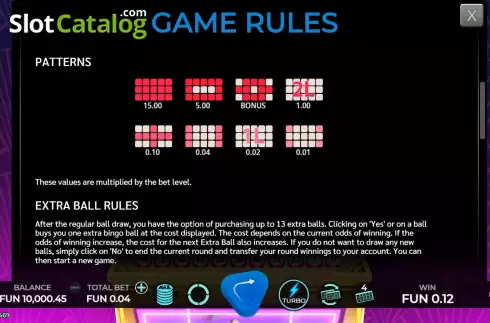 Patterns and Extra ball screen. Bingo Royale slot
