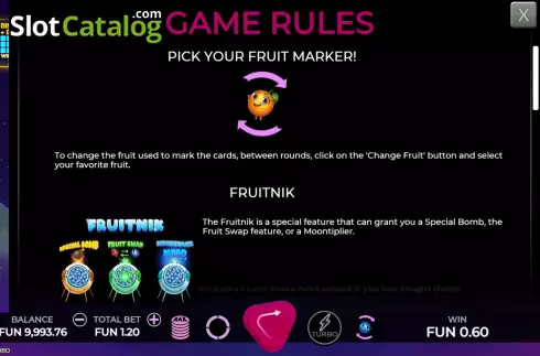 Game Rules screen. Fruitverse slot