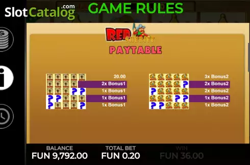 Paytable screen 3. Red Sheriff slot