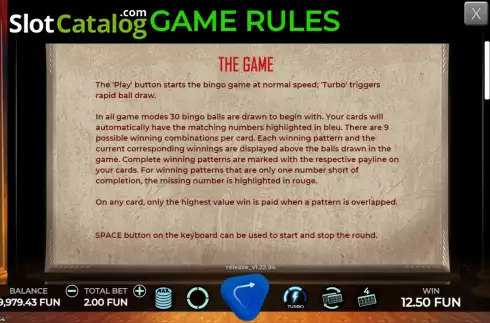 Game Rules screen. Coliseu Bingo slot