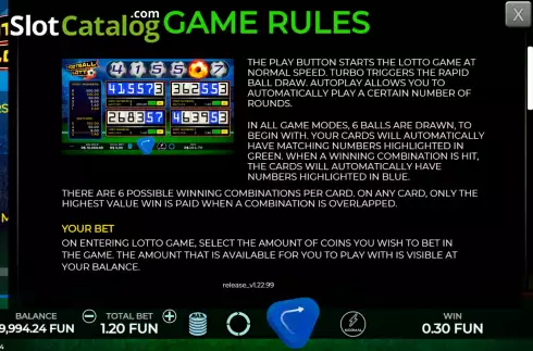 Game Rules screen. Football Lotto slot