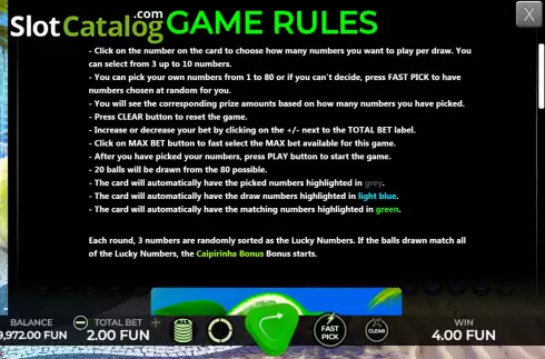 Game Rules screen. Caipirinha Keno slot
