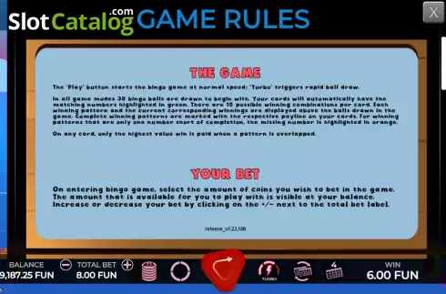 Game Rules screen. Bingo Pescaria slot