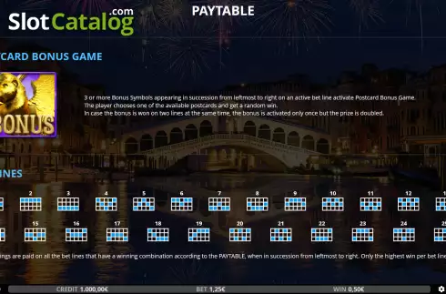Bonus game and paylines screen. Venetian Dream slot
