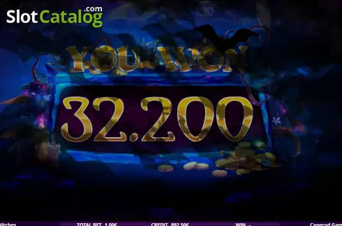 Win Free Spins screen. Charming Witches slot