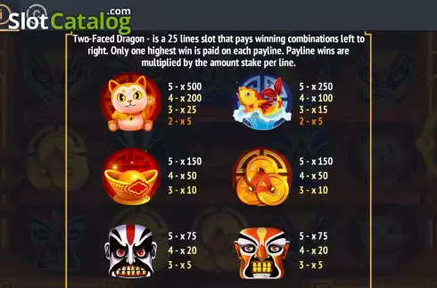 PayTable screen. Two-Faced Dragon slot