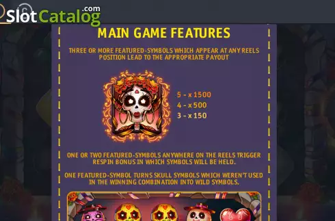 Game Features screen. Santa Muerte slot