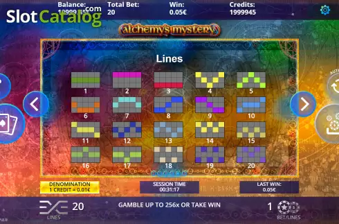 Paylines screen. Alchemys Mystery slot