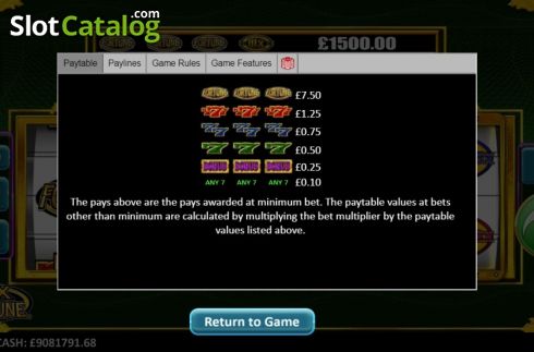 Paytable. 10x Fortune slot