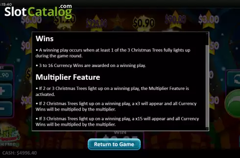 Features screen. Lit Christmas LuckyTap slot