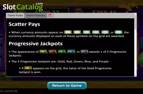 Scatter and Progressive Jackpots Screen. Almighty Dollars Deluxe slot