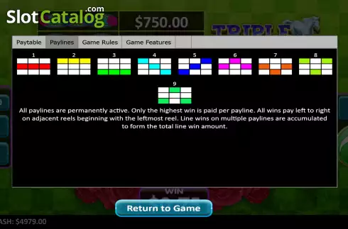 Paylines screen. Triple Crown (DWG) slot