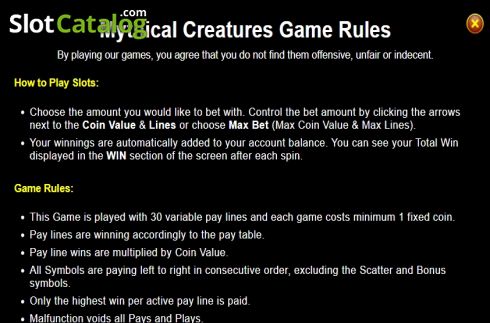Game rules 1. Mythical Creatures slot