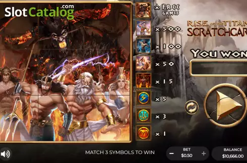 Game screen. Rise of the Titans Scratchcard slot