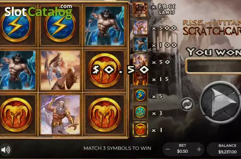 Win screen. Rise of the Titans Scratchcard slot