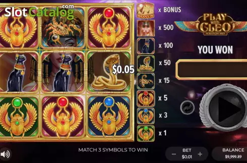 Win screen. Play With Cleo Scratchcard slot