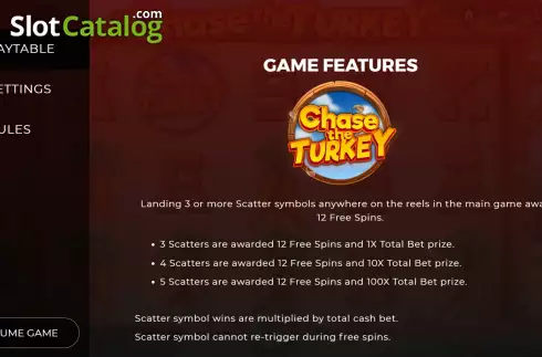 Game Features screen. Chase The Turkey slot