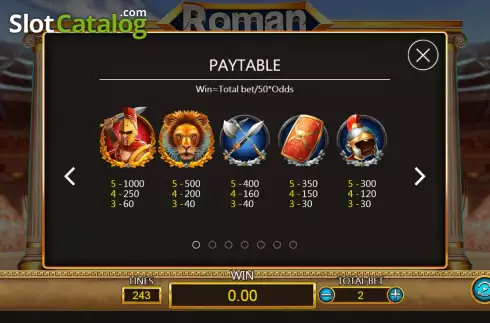 High paytable screen. Roman slot