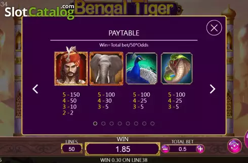 Paytable screen. Bengal Tiger slot