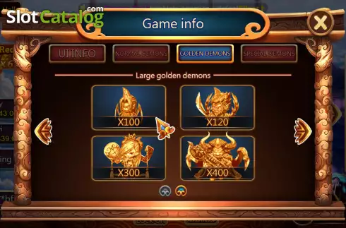 Golden Demons Paytable screen. Demon Conquered slot