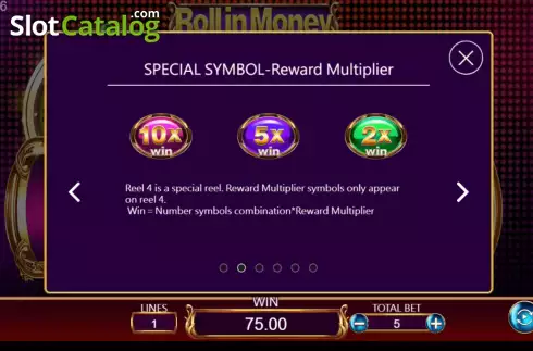 Game Features screen. Roll in Money slot