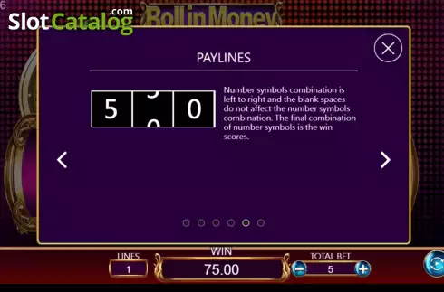 PayLines screen. Roll in Money slot