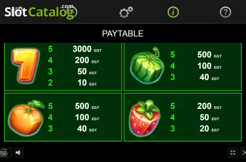 Paytable screen. Bulky Fruits slot