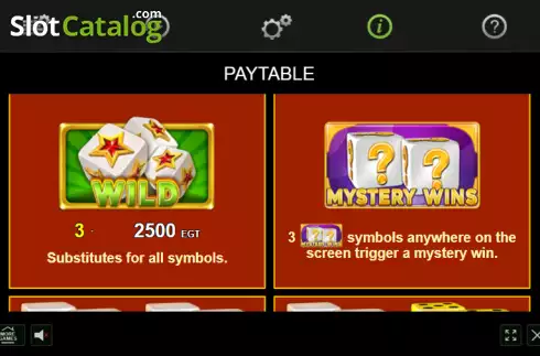 Paytable screen. 27 Dice slot