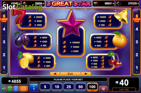 Paytable. 5 Great Star slot