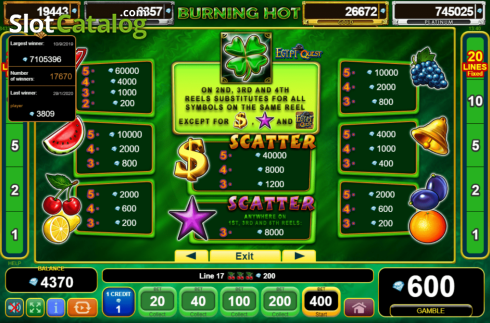 Paytable 1. Burning Hot Egypt Quest slot