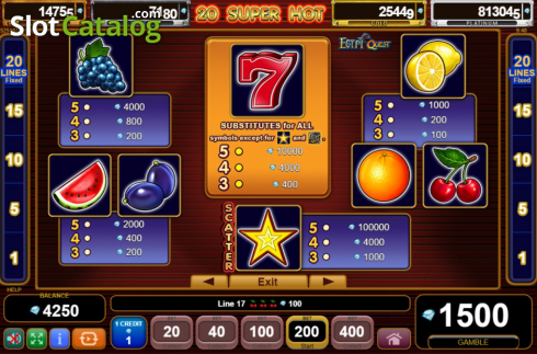 Paytable screen. 20 Super Hot Egypt Quest slot