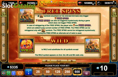 Features screen. Mythical Treasure slot