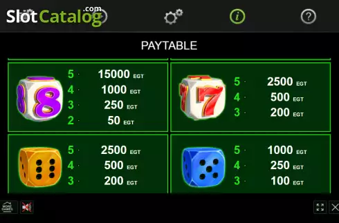 Paytable screen. Bulky Dice slot