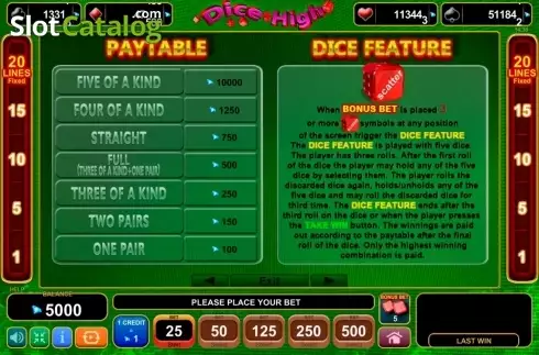 Paytable 2. Dice High slot