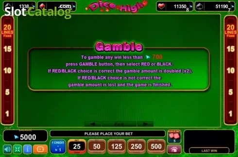 Paytable 3. Dice High slot