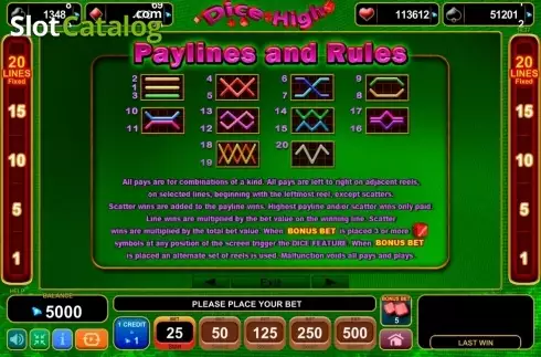 Paytable 5. Dice High slot