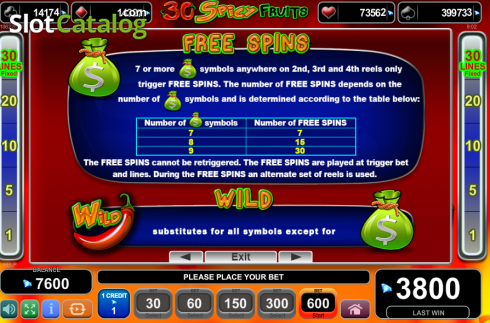 Paytable 2. 30 Spciy Fruits slot