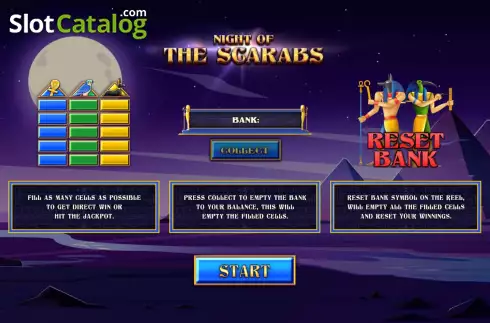 Start Game screen. Night Of The Scarabs slot