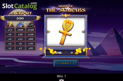 Win screen. Night Of The Scarabs slot