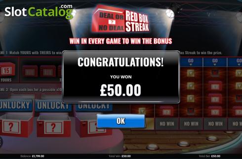 Win screen 1. Deal or No Deal Red Box Streak slot