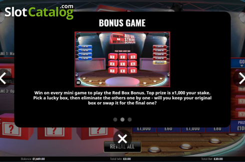 Features screen. Deal or No Deal Red Box Streak slot