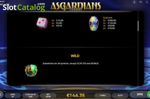 Paytable and Wild screen. Asgardians Dice slot