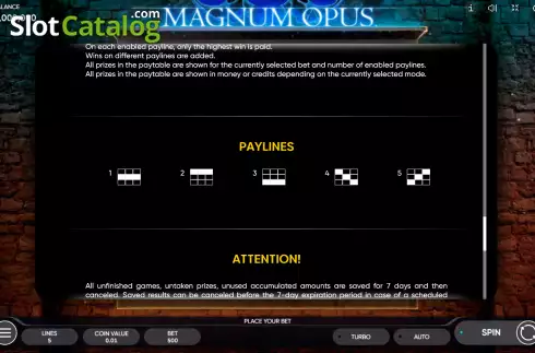 Paylines screen. Magnum Opus slot