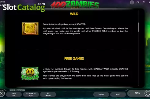 Special symbols screen. 100 Zombies Dice slot