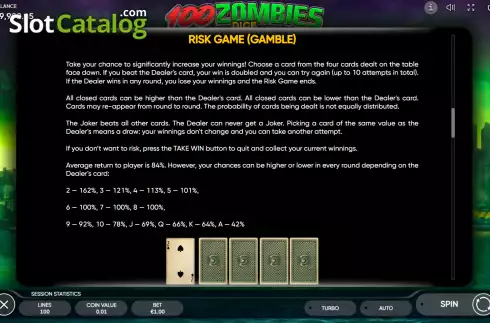 Gamble game screen. 100 Zombies Dice slot