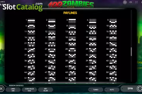 Paylines screen. 100 Zombies Dice slot