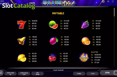 PayTable Screen. Blue Slot slot