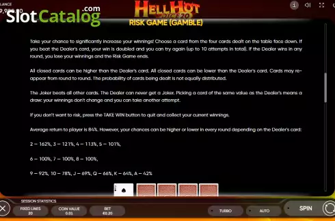Risk Game rules screen. Hell Hot 20 Dice slot