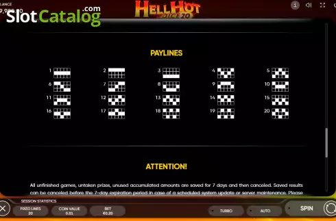 Paylines screen. Hell Hot 20 Dice slot